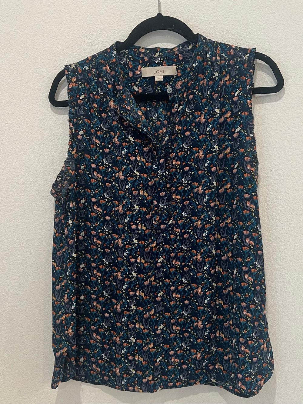 LOFT Teal Floral Ruffle Trim Sleeveless Top medium hidden bunnies career teacher